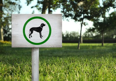Image of Wooden sign board DOGS ZONE on green lawn in park