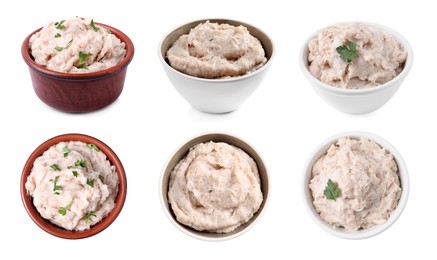 Image of Set with delicious lard spread and sandwich on white background