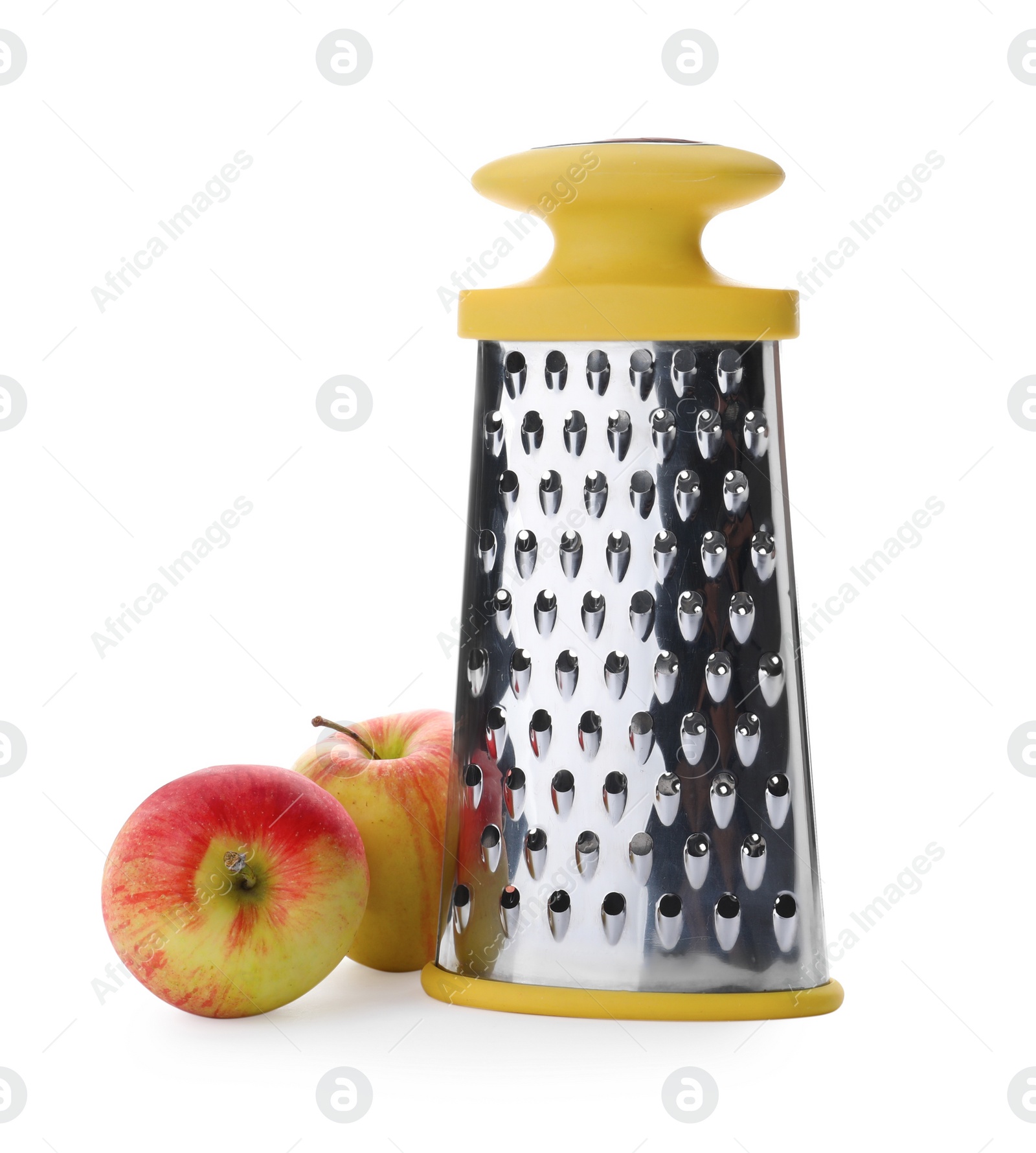 Photo of Stainless steel grater and fresh apples on white background