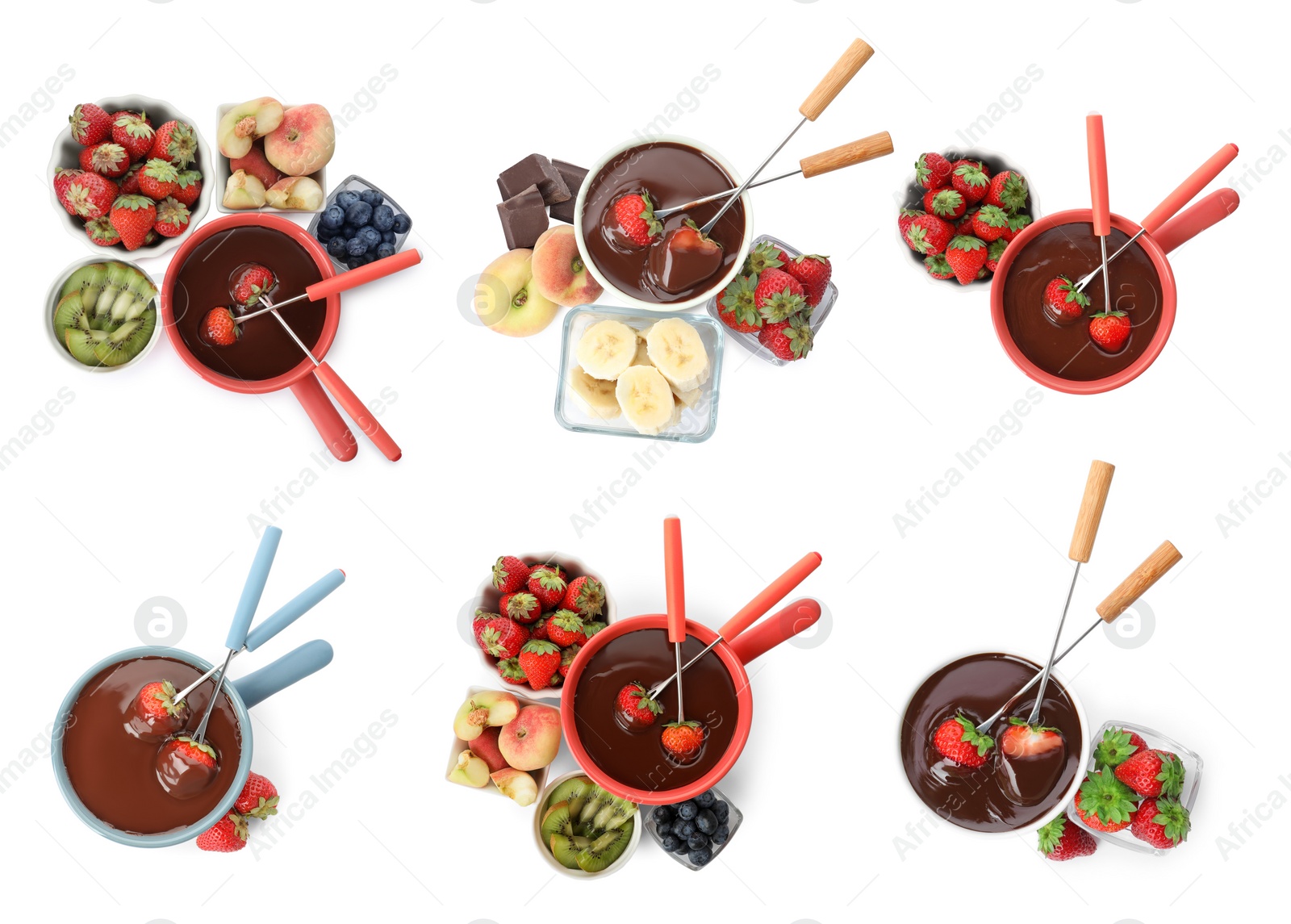 Image of Set with fondue pots with chocolate and fruits on white background, top view