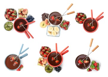 Set with fondue pots with chocolate and fruits on white background, top view