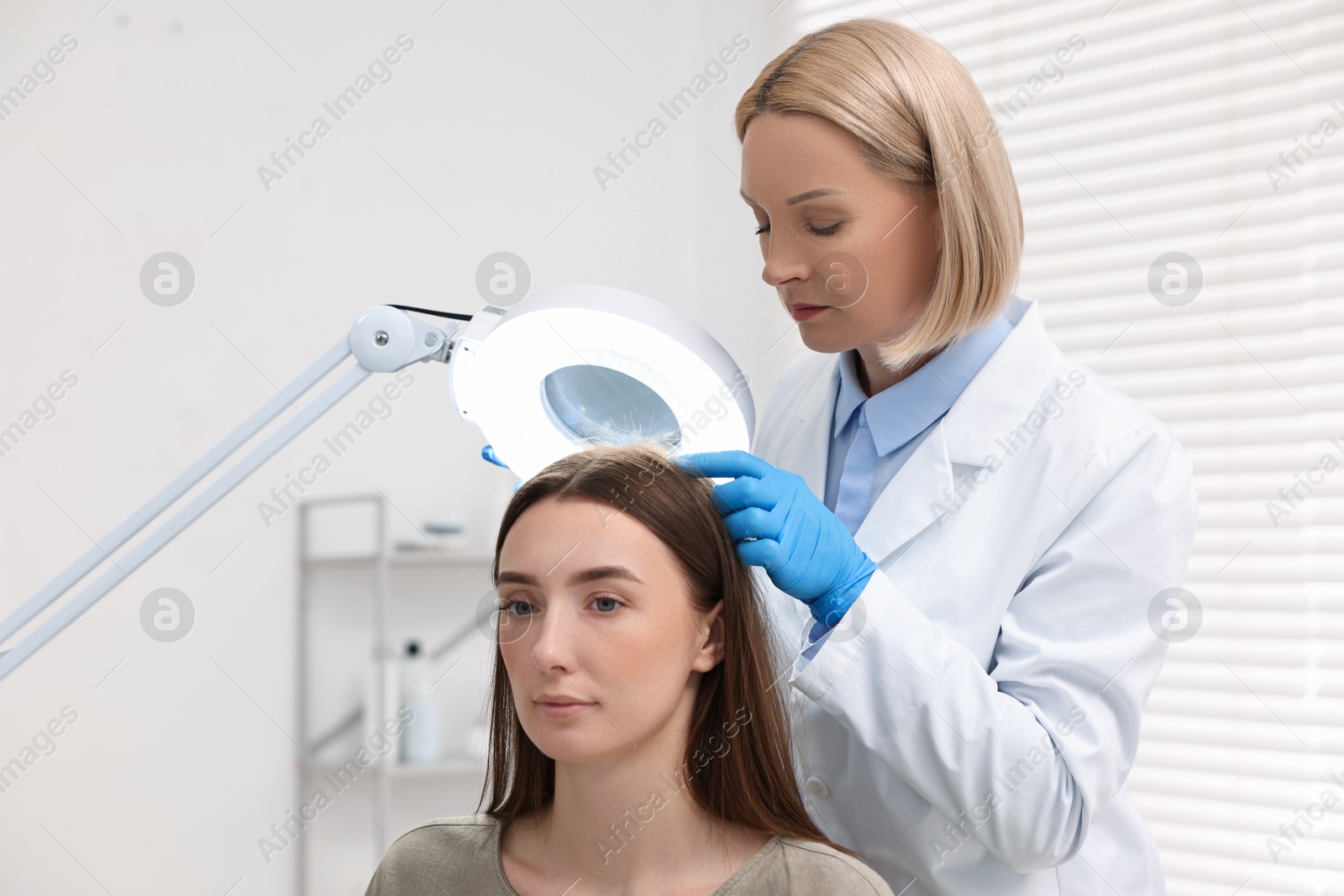 Photo of Trichologist examining patient`s hair under lamp in clinic