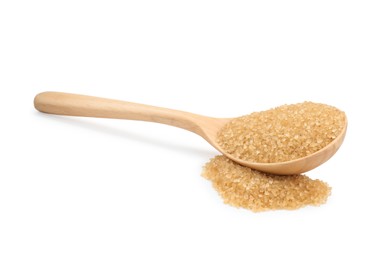 Photo of Pile of brown sugar and wooden spoon isolated on white