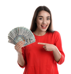 Young woman with money on white background