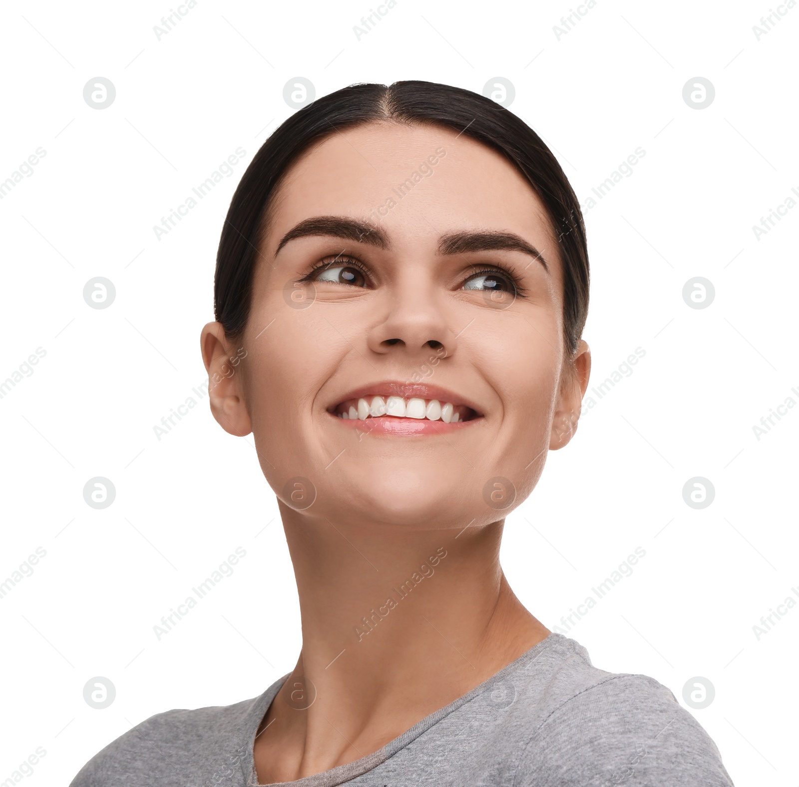 Photo of Young woman with clean teeth smiling on white background