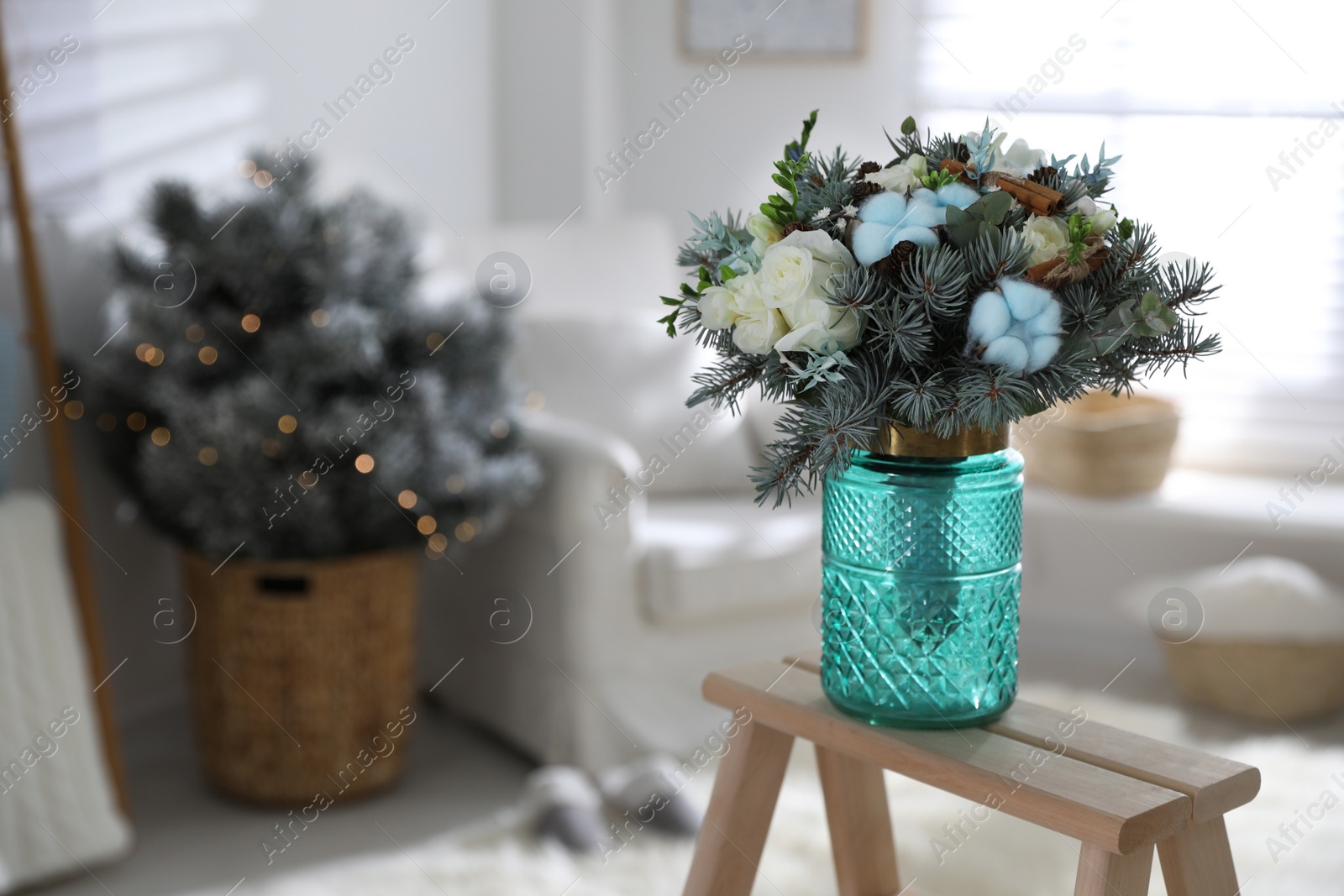 Photo of Beautiful wedding winter bouquet on wooden rack indoors. Space for text