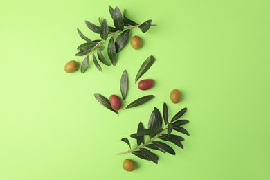 Photo of Different fresh olives and leaves on light green background, flat lay