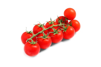 Photo of Branch of fresh cherry tomatoes isolated on white