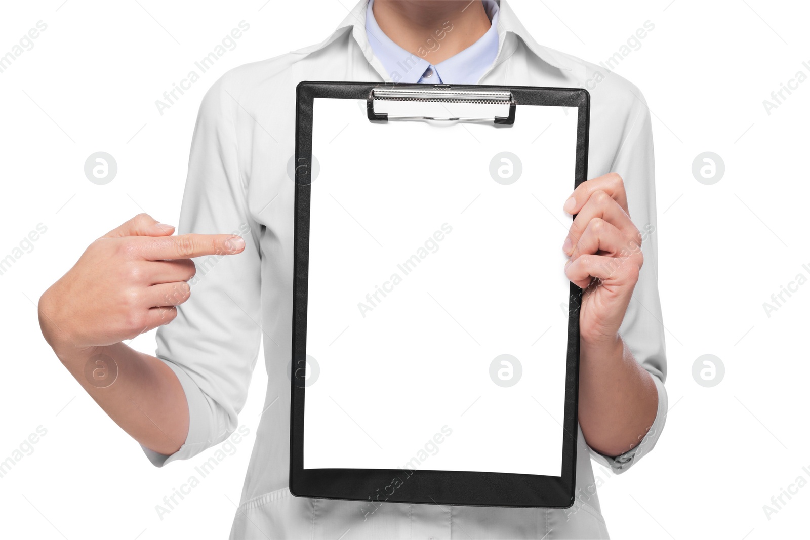 Photo of Ophthalmologist pointing at vision test chart on white background, closeup