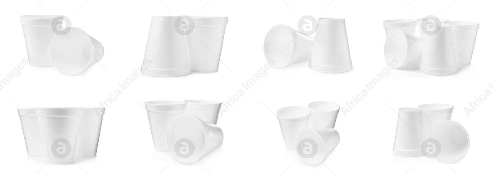 Image of Set with styrofoam cups on white background. Banner design