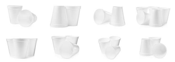 Image of Set with styrofoam cups on white background. Banner design