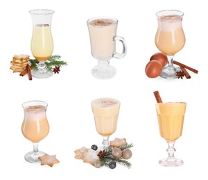 Image of Delicious eggnog in glasses isolated on white, set