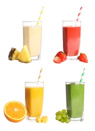 Set with different tasty smoothies on white background