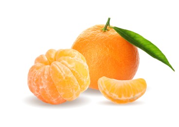 Tasty ripe tangerines and green leaf on white background