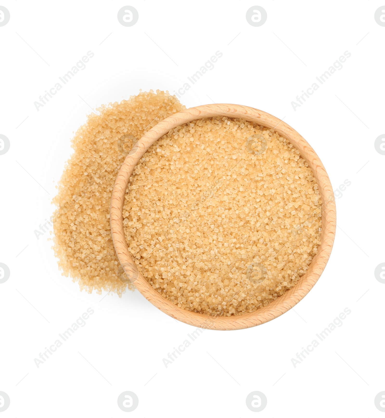 Photo of Brown sugar in wooden bowl isolated on white, top view