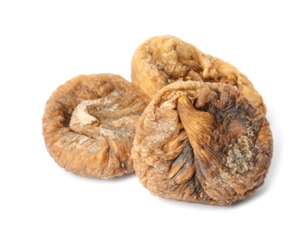 Photo of Delicious dried fig fruits on white background. Organic snack