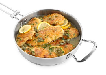 Delicious chicken piccata in pot isolated on white