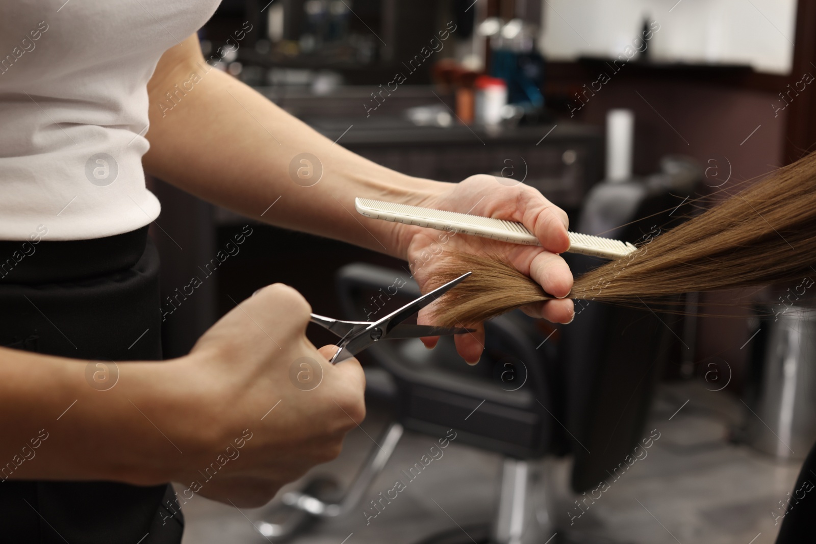 Photo of Professional hairdresser cutting woman's hair in salon, closeup