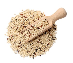 Photo of Scoop with raw quinoa seeds isolated on white, top view