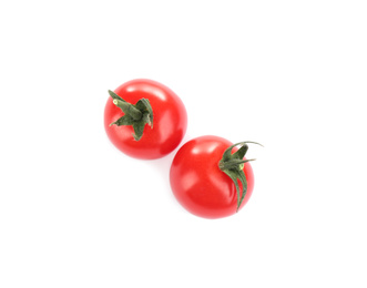 Fresh ripe organic tomatoes isolated on white, top view