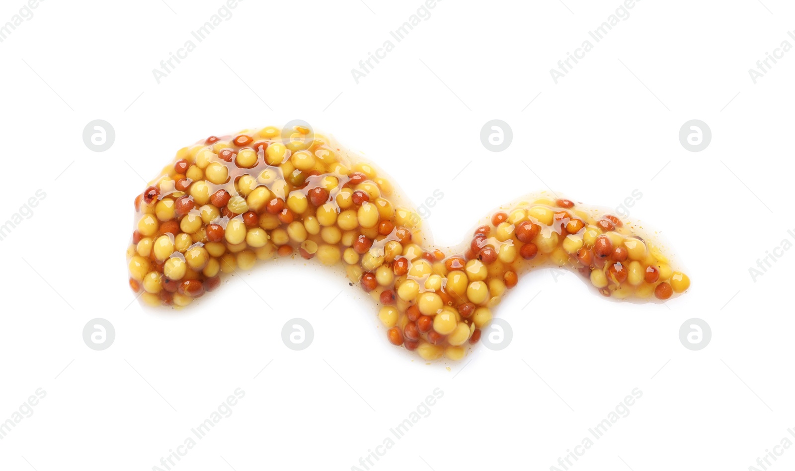 Photo of Delicious mustard beans on white background, top view. Spicy sauce