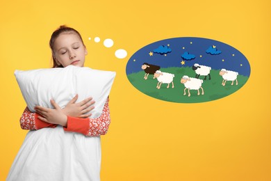 Insomnia. Girl with pillow trying to fall asleep on yellow background. Thought cloud with illustrations of sheep on lawn under night sky