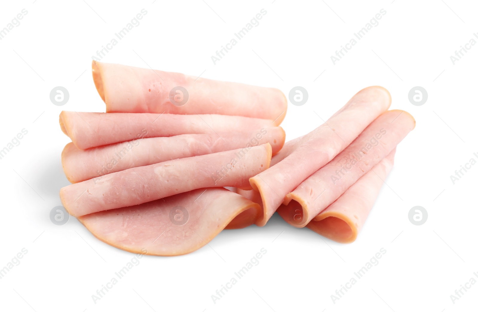 Photo of Slices of tasty fresh ham isolated on white