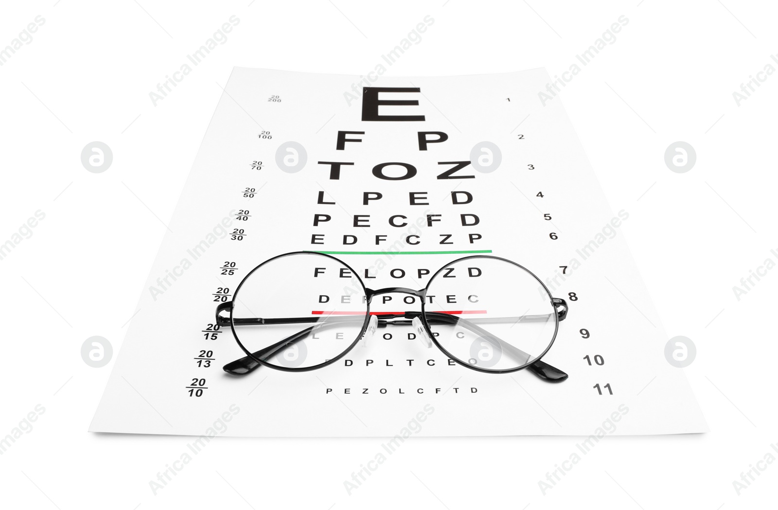 Photo of Glasses and vision test chart isolated on white