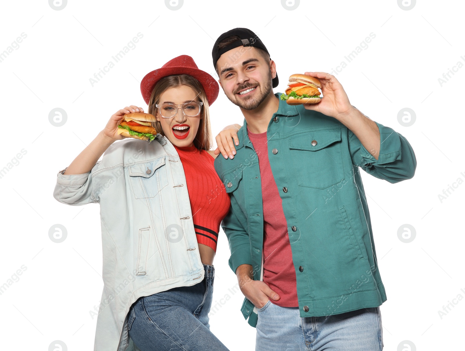 Photo of Happy couple with tasty burgers isolated on white