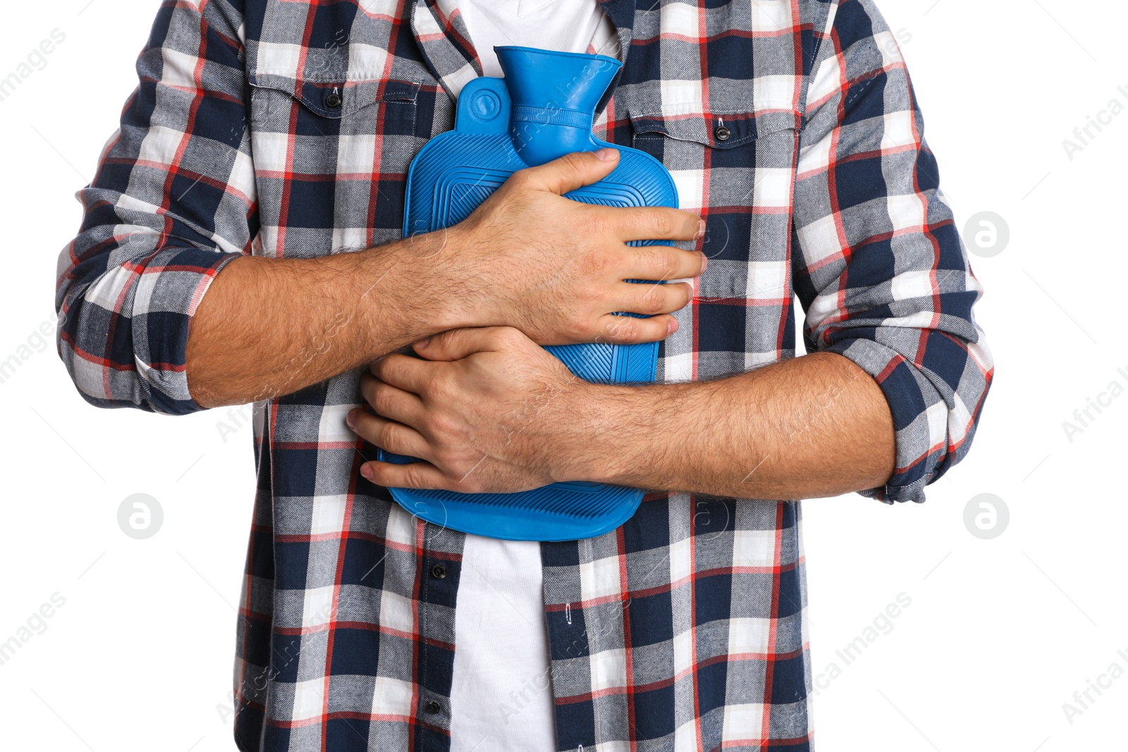 Photo of Man using hot water bottle to relieve chest pain on white background, closeup