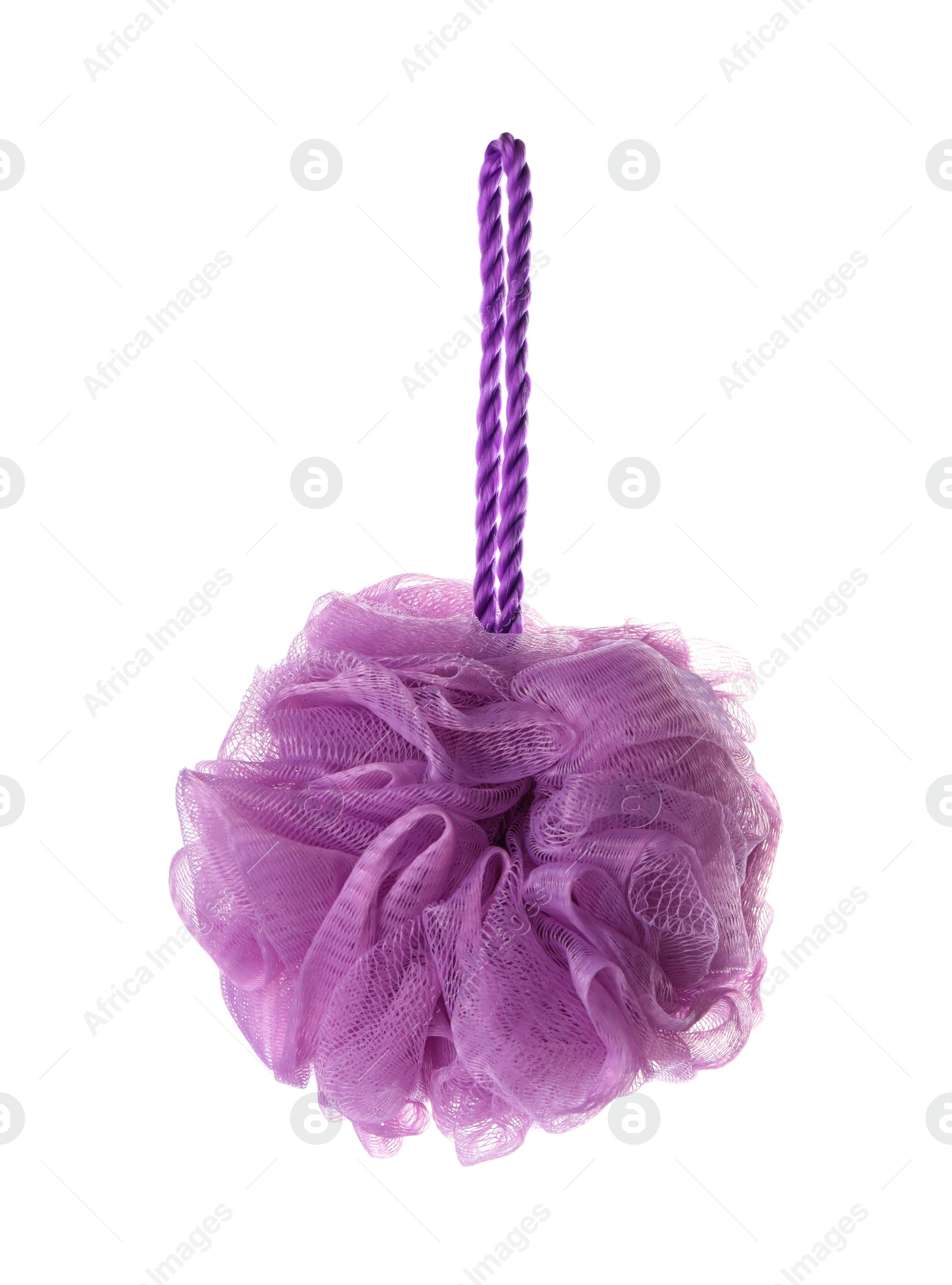 Photo of New violet shower puff isolated on white