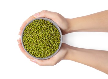 Photo of Woman holding bowl with green mung beans on white background, top view