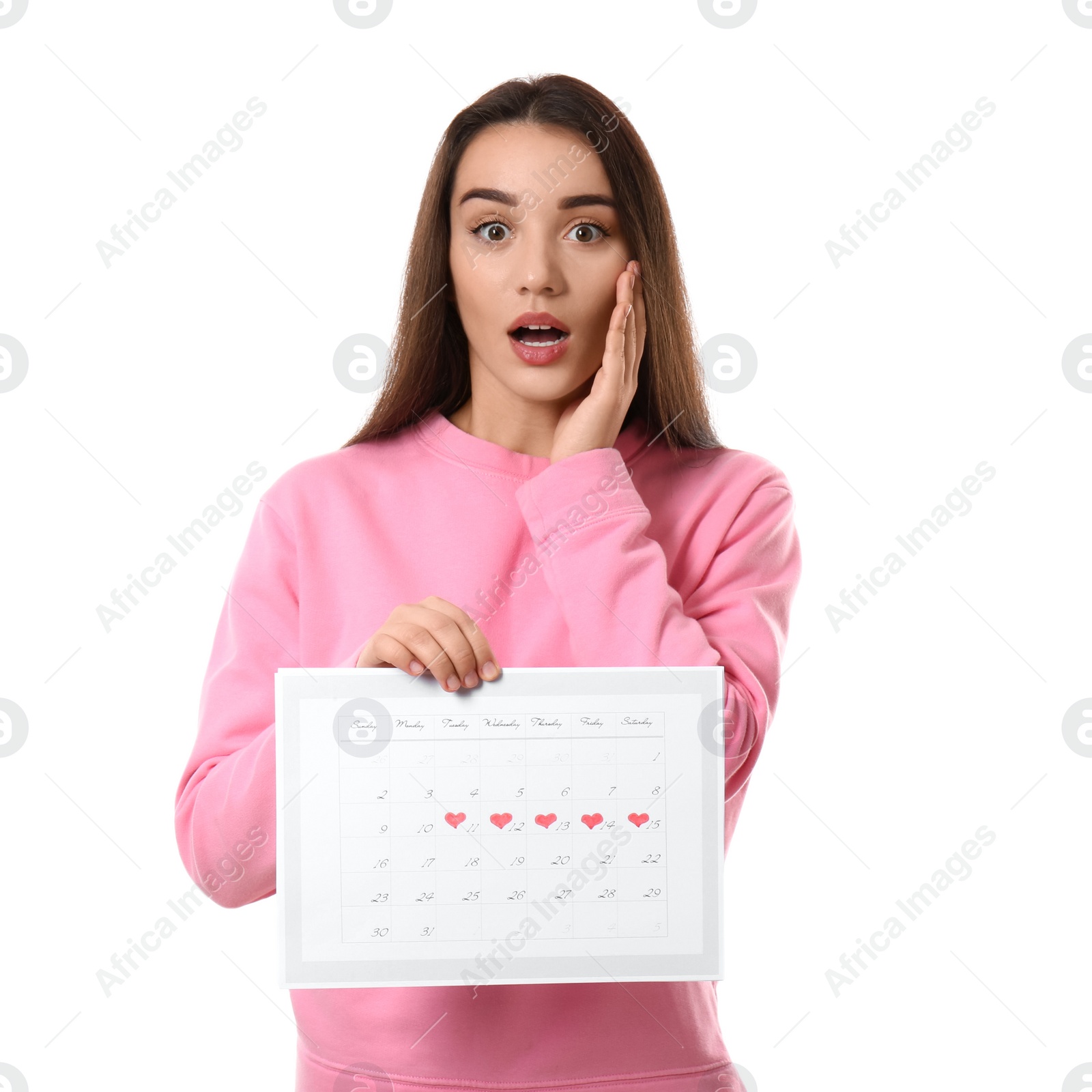 Photo of Young woman holding calendar with marked menstrual cycle days isolated on white