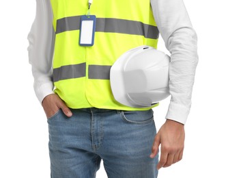 Photo of Engineer with hard hat and badge on white background, closeup