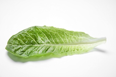 Photo of Leaf of fresh ripe cos lettuce on white background