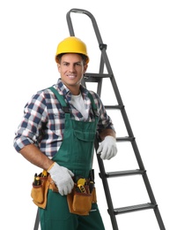 Photo of Professional builder near metal ladder on white background