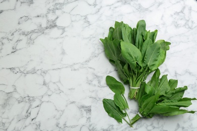 Fresh green sorrel leaves on white marble table, flat lay. Space for text
