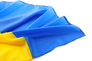 Photo of National flag of Ukraine on white background, closeup