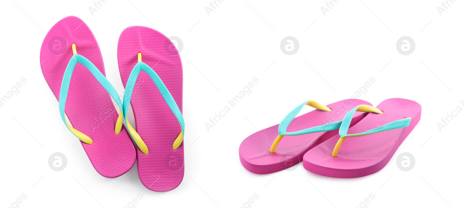 Image of Stylish flip flops on white background, collage. Banner design