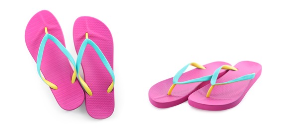 Image of Stylish flip flops on white background, collage. Banner design