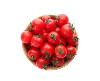 Fresh ripe cherry tomatoes in bowl on white background, top view