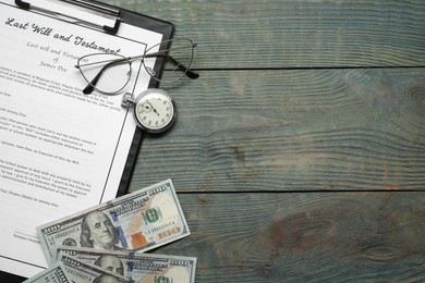 Last Will and Testament, pocket watch, glasses and dollar bills on rustic wooden table, flat lay. Space for text