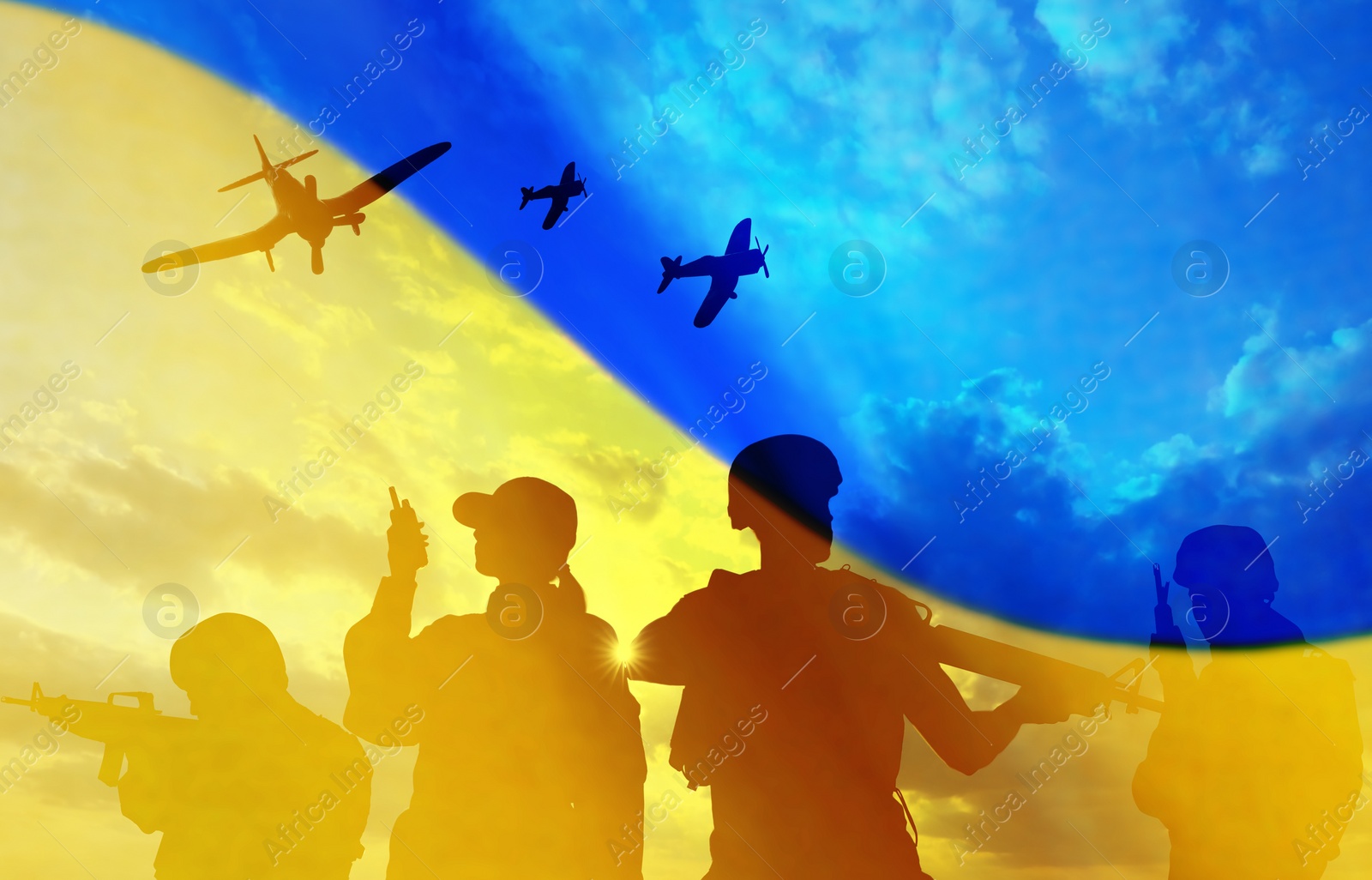 Image of Silhouettes of soldiers and Ukrainian national flag, double exposure