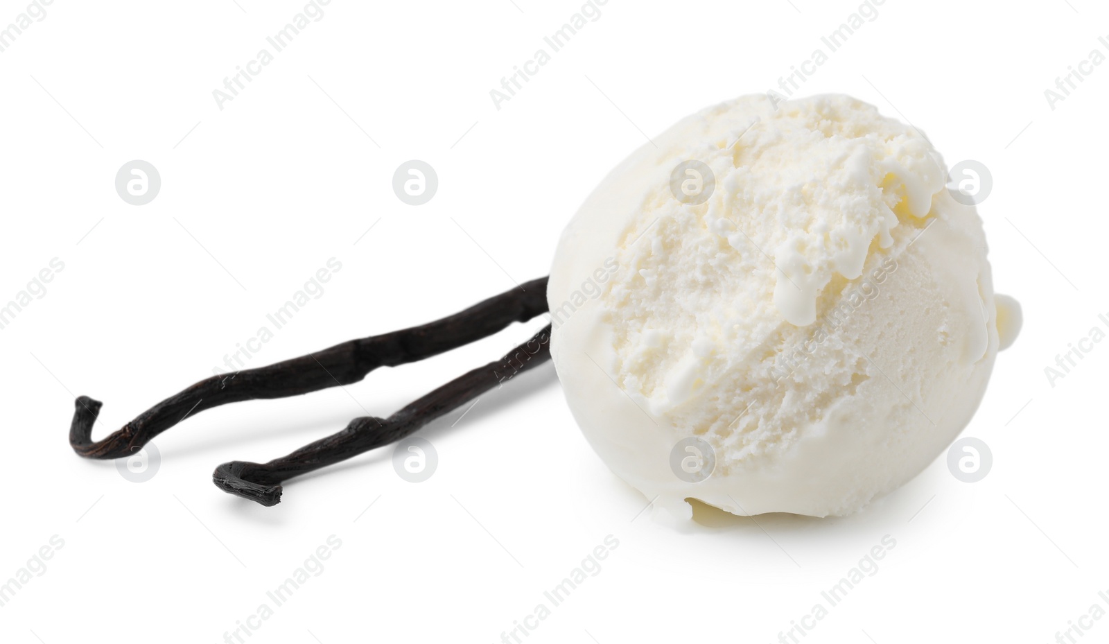 Photo of Ball of delicious ice cream and vanilla pods isolated on white