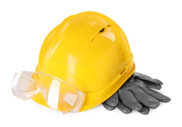Photo of Hard hat, goggles and gloves isolated on white. Safety equipment