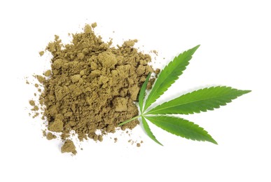 Pile of hemp protein powder and fresh leaf on white background, top view