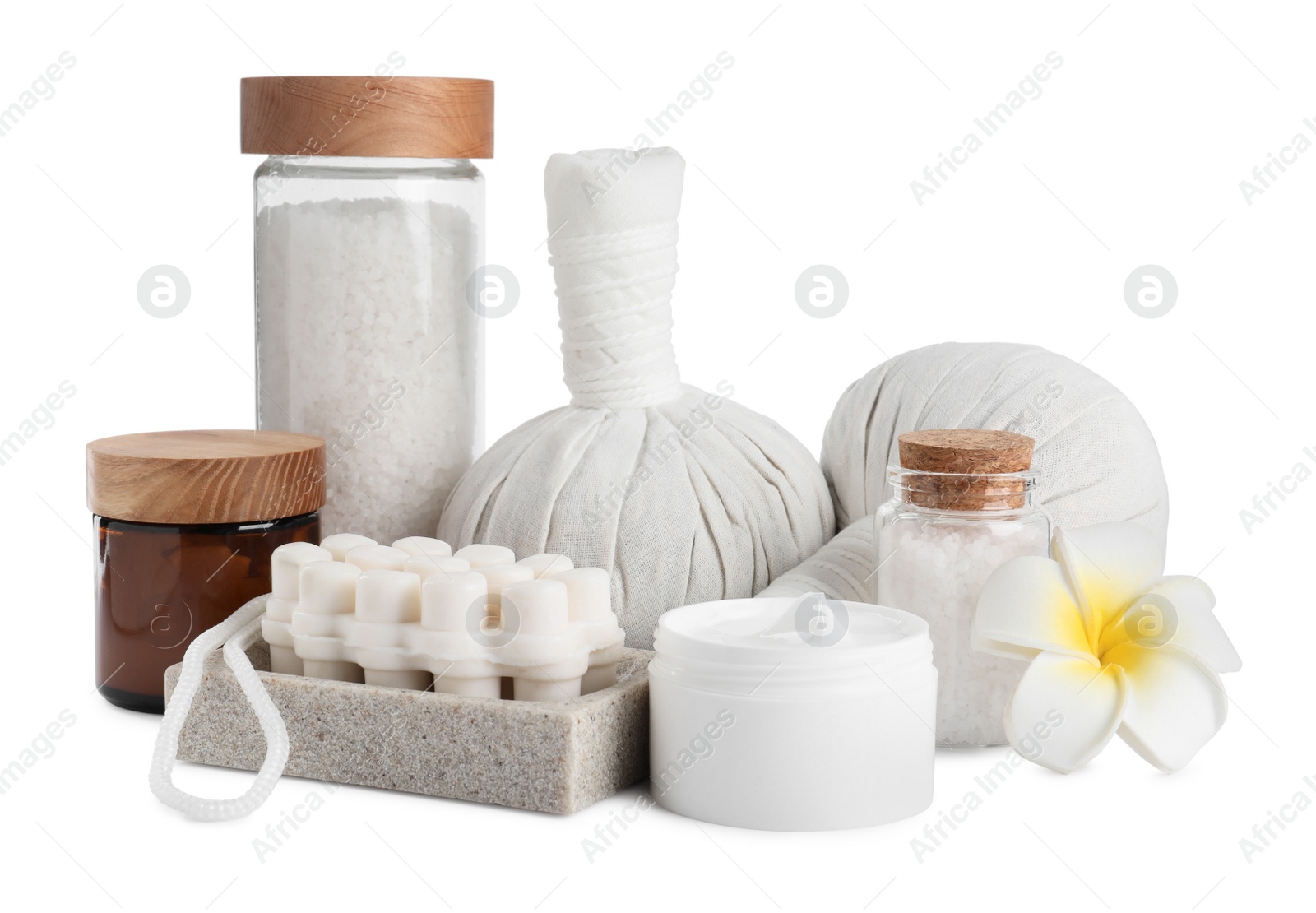 Photo of Beautiful spa composition with different body care products isolated on white