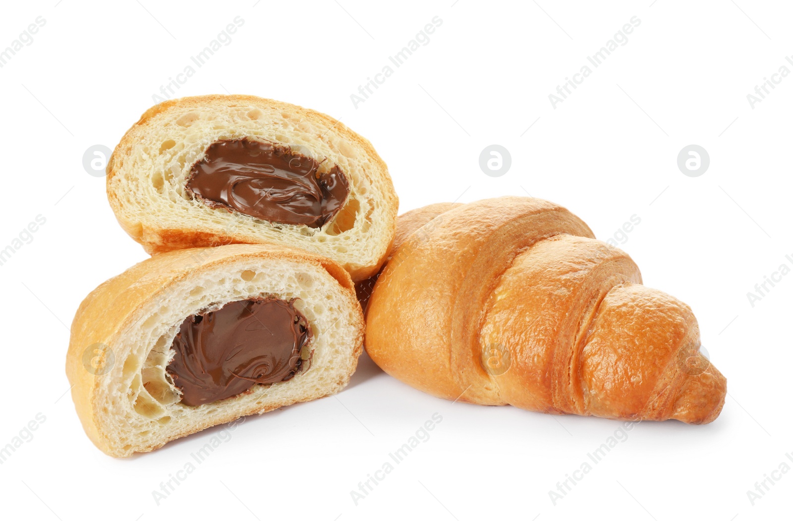 Photo of Delicious fresh croissants with chocolate isolated on white