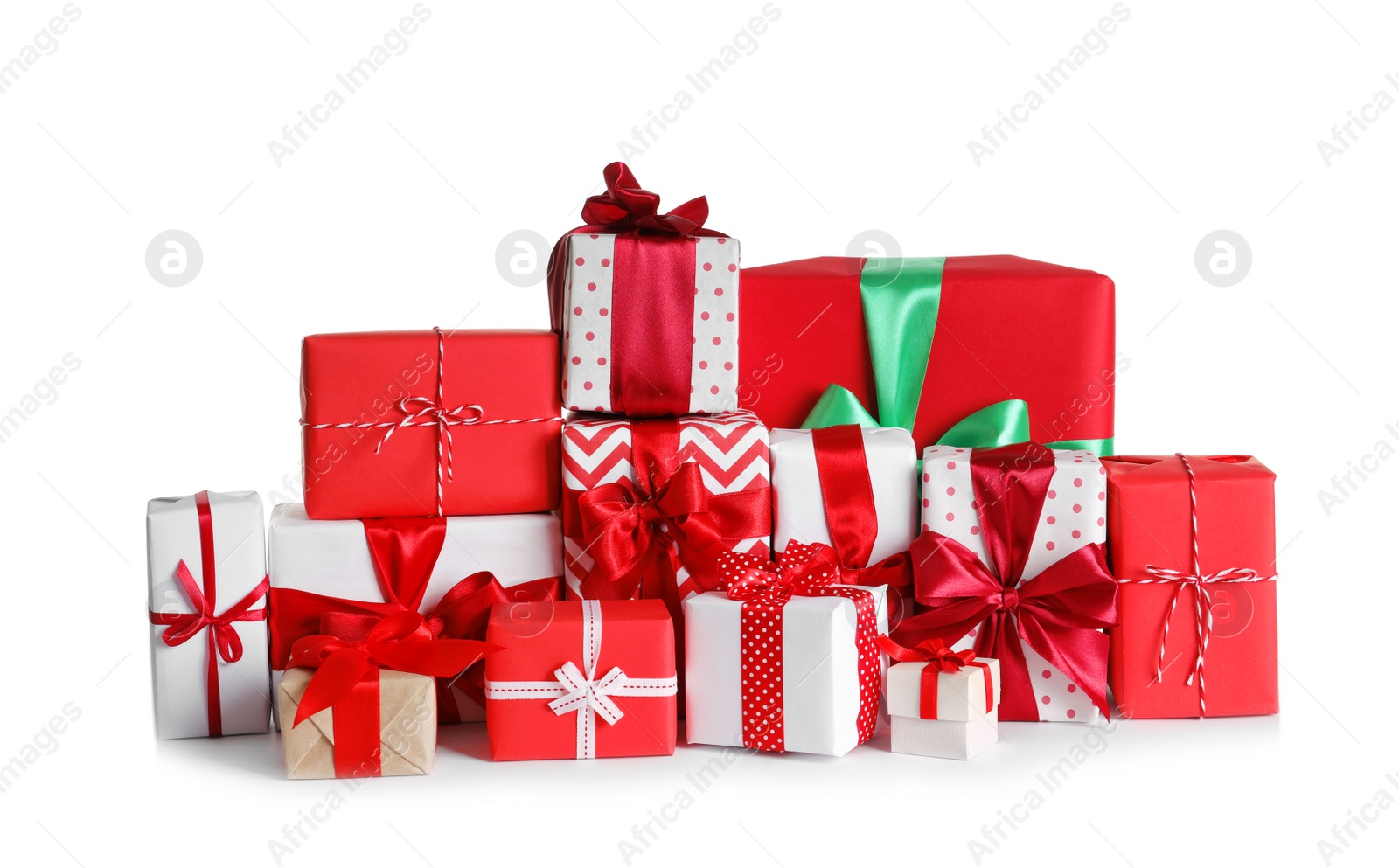 Photo of Beautifully wrapped gift boxes on white background