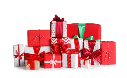 Beautifully wrapped gift boxes on white background